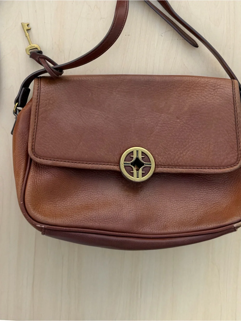 Fossil Chestnut Brown Leather Messenger Crossbody